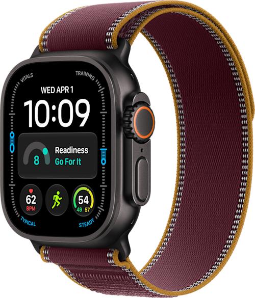 Apple Watch Ultra 4 GPS + Cellular 49 mm musta titaanikuori ja viininpunainen Trail-ranneke - M/L
