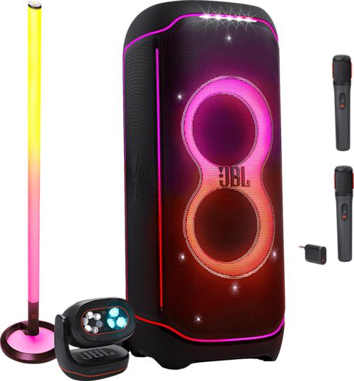 JBL Partybox Ultimate mikeillä + Partylight Stick ja Beam