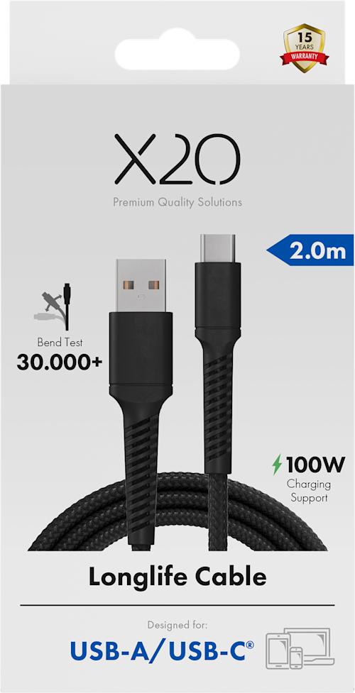 X2O Longlife 60W PD USB-C to USB-A 2 m kaapeli