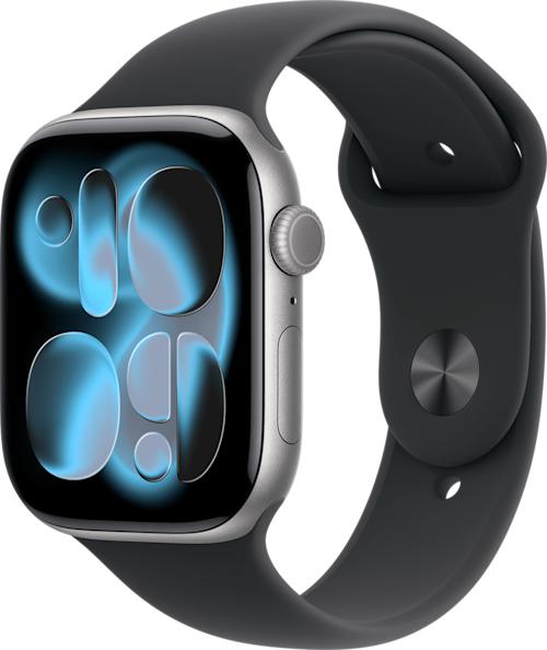 Apple Watch Series 11 GPS + Cellular 46 mm tähtiharmaa alumiinikuori ja musta urheiluranneke L