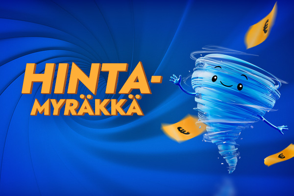 Pyörremyrskyssä lenteleviä hintalappuja ja teksti "Hintamyräkkä".