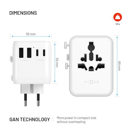 FIXED Matkalaturi USB-C/-A 70W EU/UK/USA/AUS