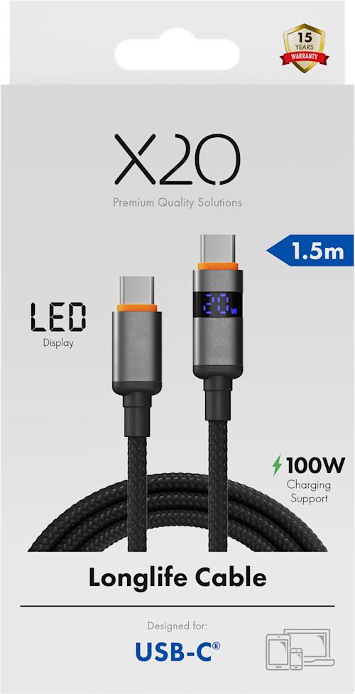 X2O Longlife 100W PD USB-C to USB-C 1,5 m kaapeli LED-näytöllä