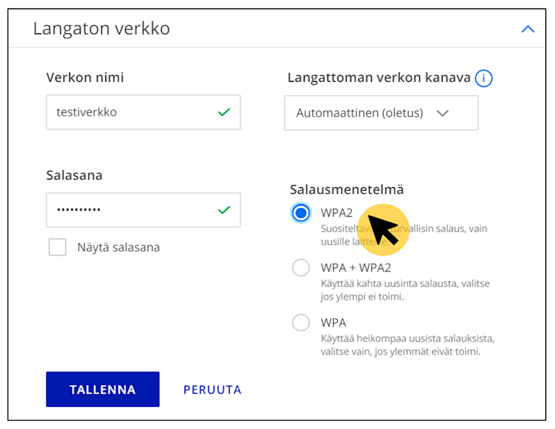 Esimerkki miten langattoman verkon salaustyyppiä vaihdetaan OmaElisassa