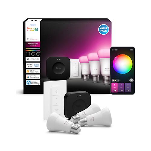Philips Hue White and color ambiance Aloituspakkaus: 3 kpl E27-älylamppuja, Dimmer switch ja Bridge Pro