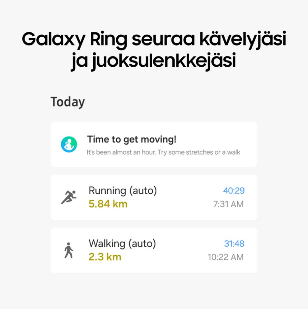 Kuvaa Galaxy Ringin treenitilastoista, tekstinä "Galaxy Ring seuraa kävelyjäsi ja juoksulenkkejäsi."