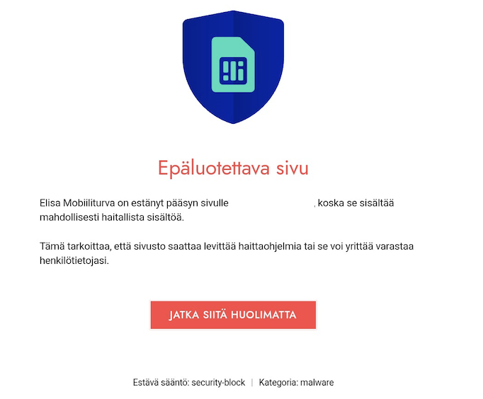 Varoitusnäkymä, kun Haittasivujen eston käyttäjä yrittää siirtyä haitalliselle sivustolle