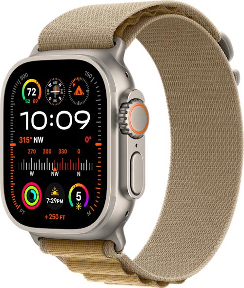 Apple Watch Ultra 2 GPS + Cellular 49 mm luonnonvaalea titaanikuori ja saharanvärinen Alpine-ranneke M