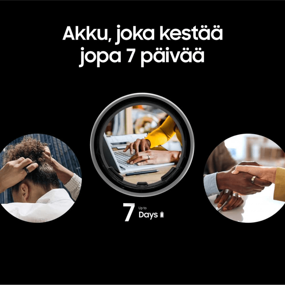 Kolme erilaista kuvaa Samsung Galaxy Ringistä sormissa, tekstinä "Akku, joka kestää jopa 7 päivää"
