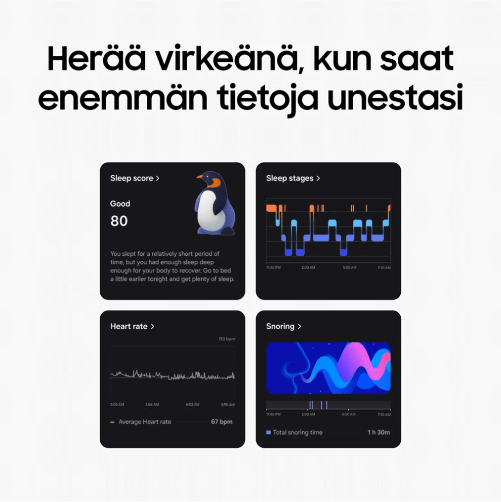 Kuvaa uniseurantasovelluksesta, tekstinä "Herää virkeänä, kun saat enemmän tietoja unestasi."