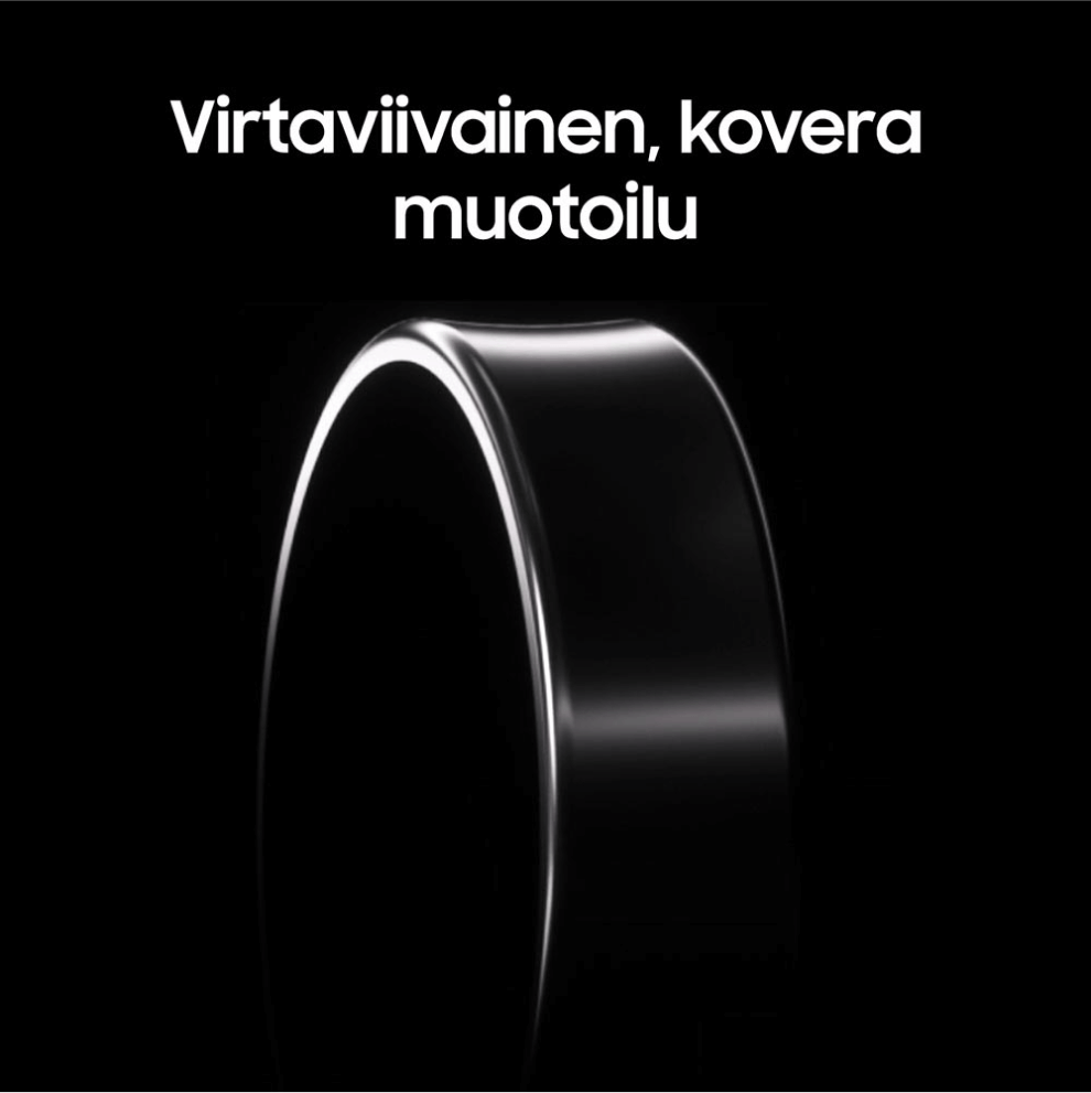 Musta sormus mustalla taustalla, tekstinä kuvassa "Virtaviivainen kovera muotoilu"