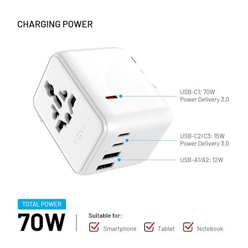 FIXED Matkalaturi USB-C/-A 70W EU/UK/USA/AUS