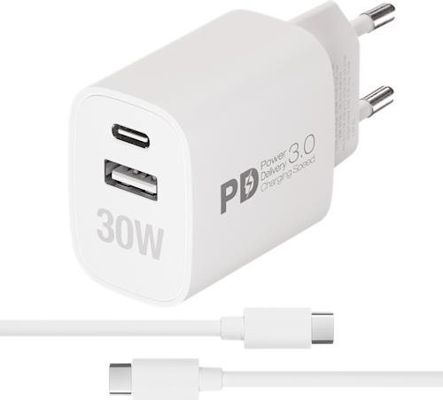 Vivanco Nopea USB-C + USB-A 30 W GaN Kotilaturi + 1,2 m kaapeli