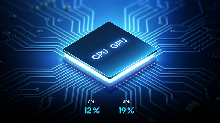 Havainnollistava kuva CPU 12% ja GPU 19%