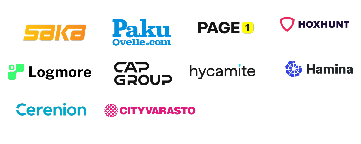 Saka, PakuOvelle.com, Page1, Hoxhunt, Logmore, Cap Group, hycamite, Hamina, Cerenion, Cityvarasto