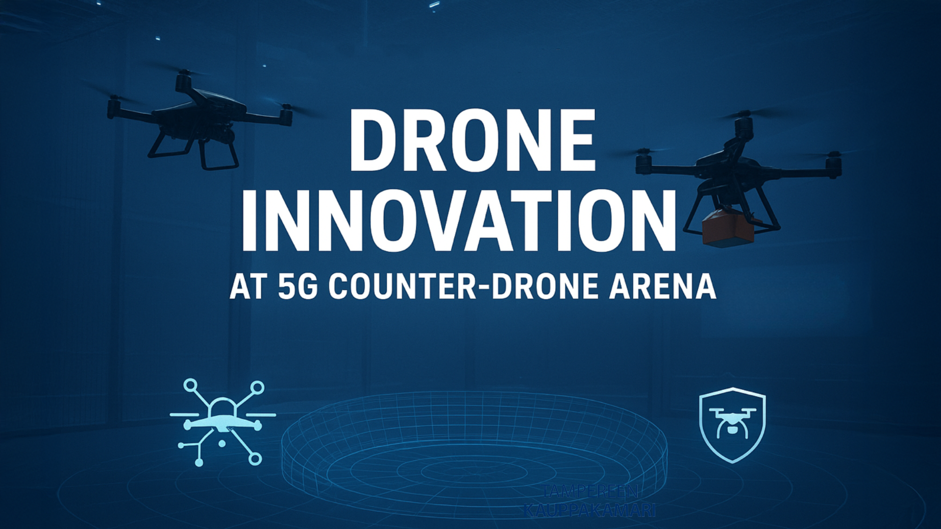 Drone Innovation -tapahtuman kuvituskuva, jossa kaksi droonia ja areena.