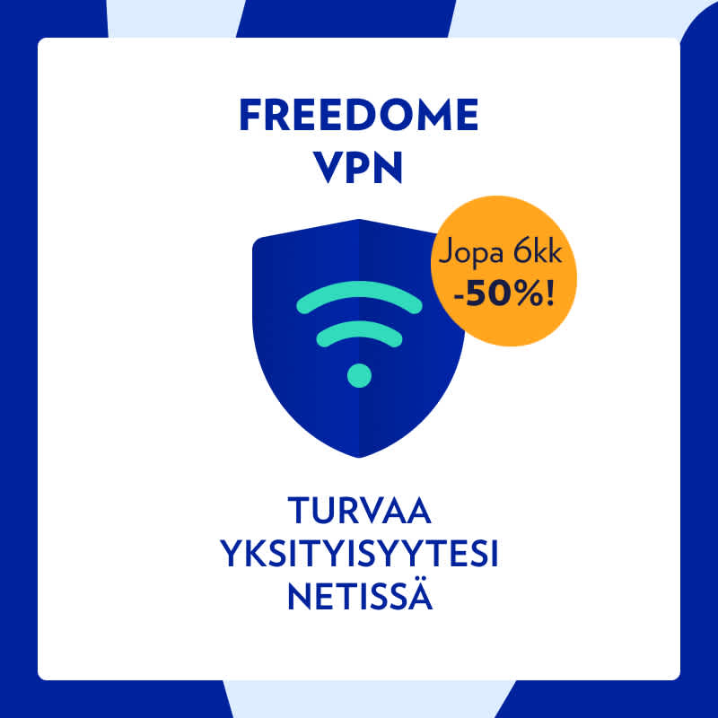Elisa Freedome VPN -logo ja 6 kuukautta -50% tarjous