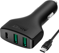 Aukey Autolaturi USB-C + 2xUSB-A