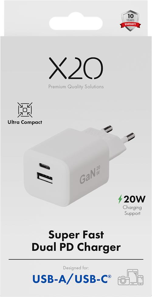 X2O 20W PD GaN USB-C + USB-A Laturi