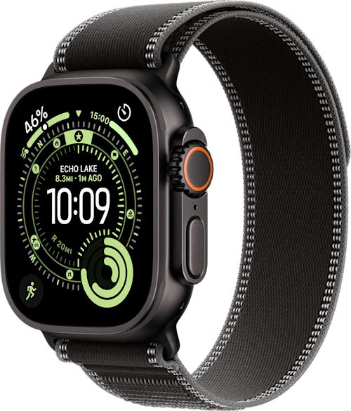 Apple Watch Ultra 3 GPS + Cellular 49 mm musta titaanikuori ja musta Trail-ranneke Koko L
