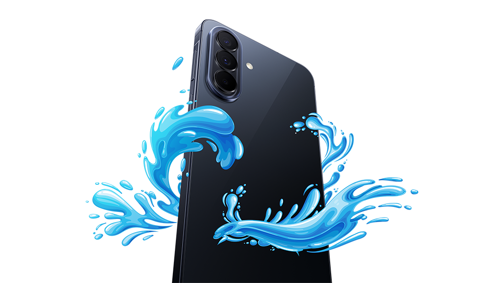 Samsung Galaxy A57 -puhelin, jonka ympärillä vesiroiskeita.