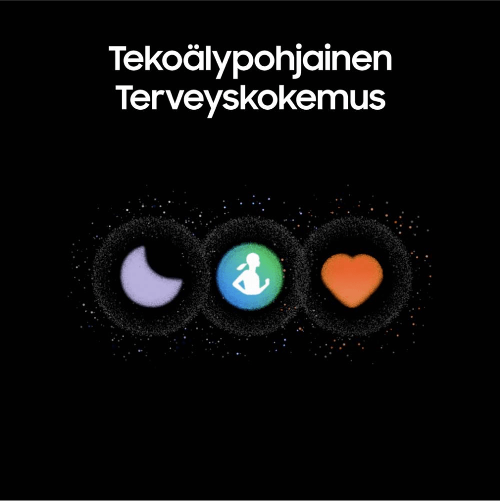 mustalla pohjalla kolme ikonia: kuunsirppi, siluetti juoksevasta naisesta ja sydän. Tekstinä ikonien yläpuolella "Tekoälypohjainen terveyskokemus."