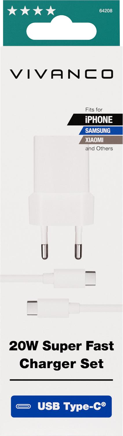 Vivanco Nopea USB-C 20W Kotilaturi + USB-C kaapeli 1.2m
