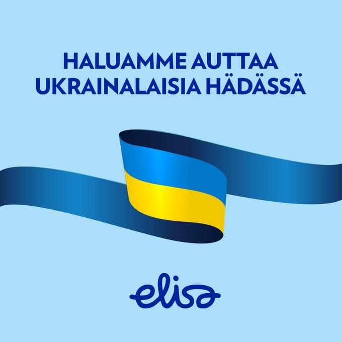 Ukrainan lippu, Elisan logo ja teksti "Haluamme auttaa ukrainalaisia hädässä."