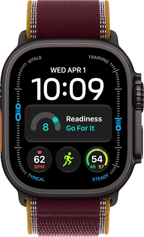 Apple Watch Ultra 4 GPS + Cellular 49 mm musta titaanikuori ja viininpunainen Trail-ranneke - M/L