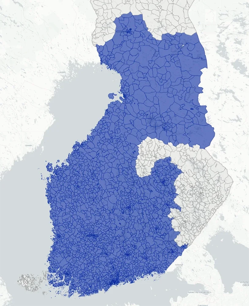 Kotiakun saatavuusalueet kartalla: kotiakku on saatavilla suurimpaan osaan Suomen pientaloista