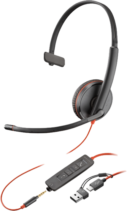 Poly Blackwire 3215 Mono -kuuloke + 3.5mm liitin + USB-C/A -adapteri