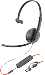 Poly Blackwire 3215 Mono -kuuloke + 3.5mm liitin + USB-C/A -adapteri