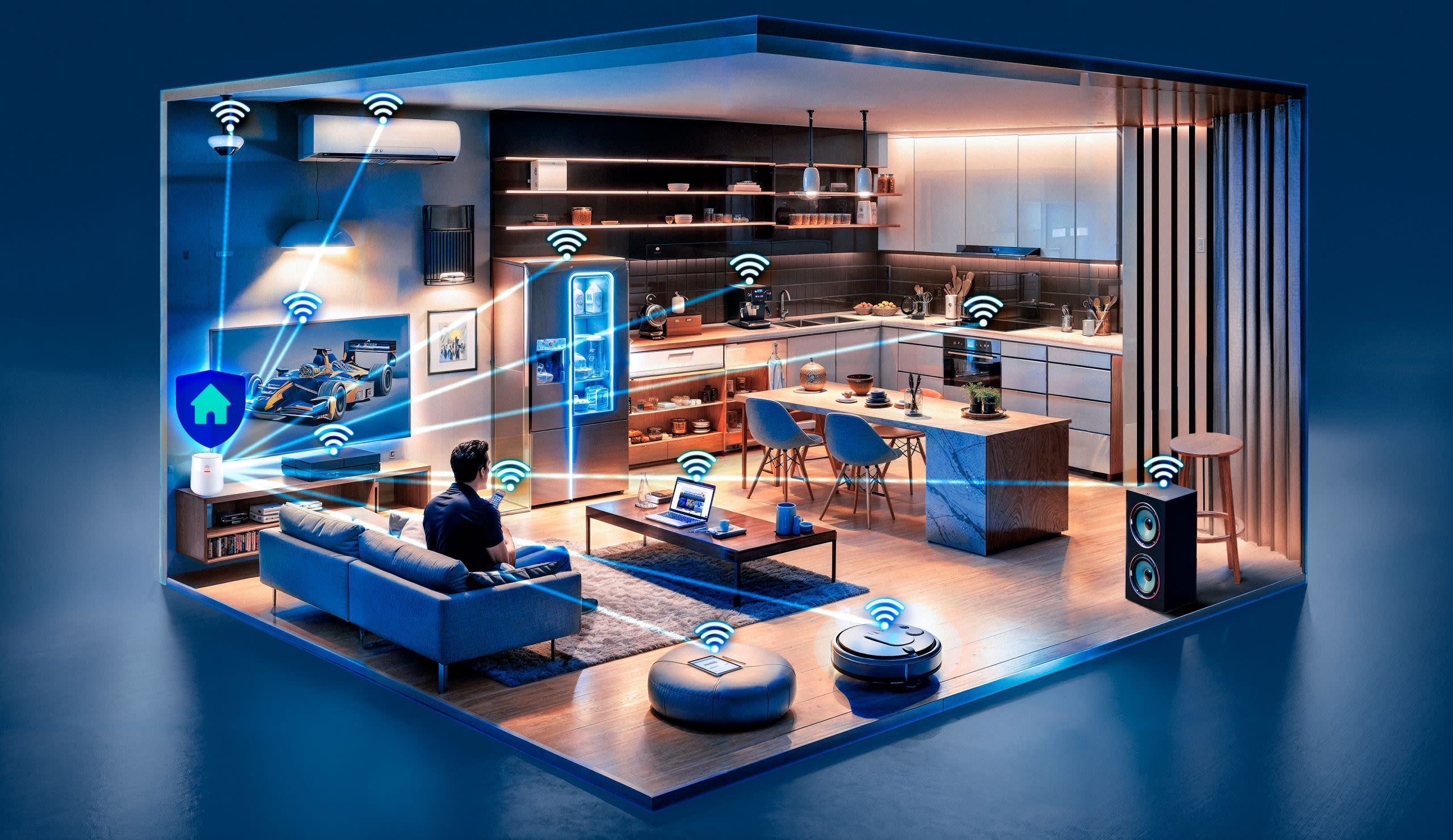 Kuvassa koti täynnä älylaitteita, eli niin kutsuttu älykoti.