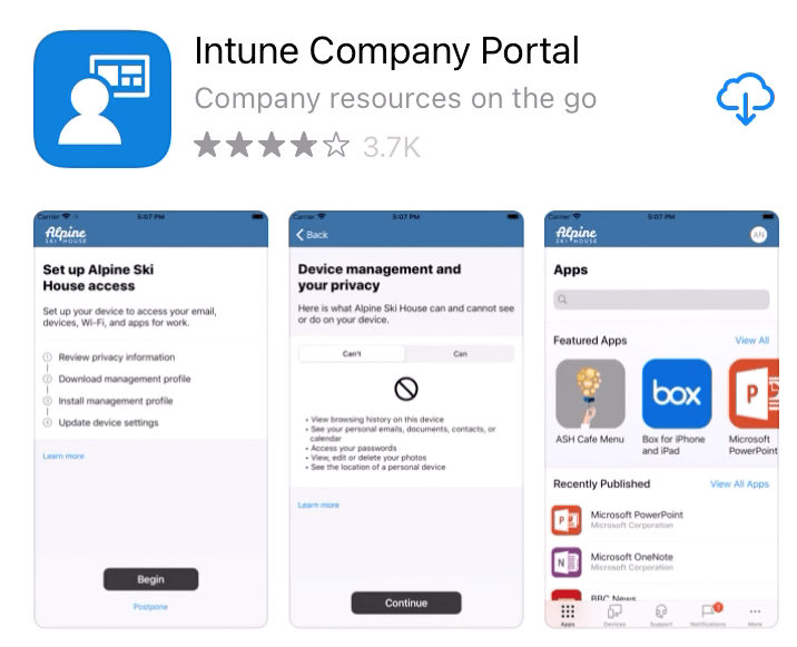 Näkymä App Storen Company Portal -sovelluksesta