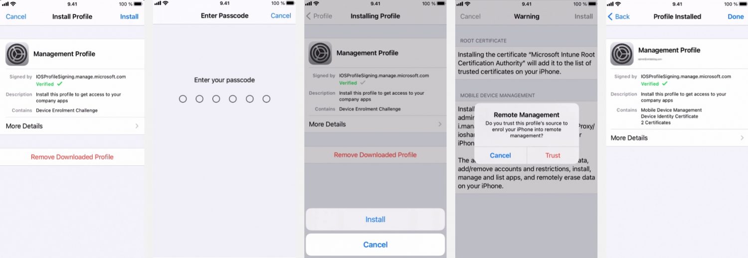Esimerkkikuvia siitä, kuinka otetaan iPhone-laitteelle hallintamalli käyttöön.
