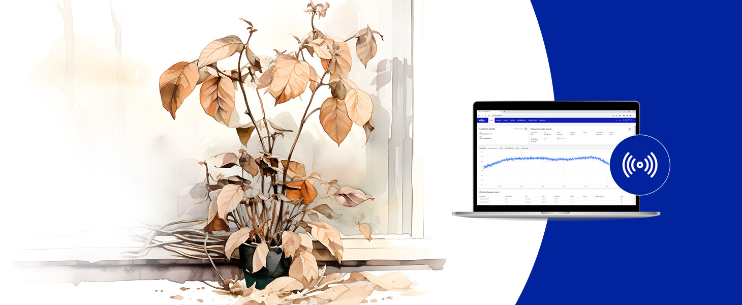 Kuvituskuva. Kuvassa kuihtunut kasvi ja tietokone. Kuva kuvaa kaukolämmön seurantaa.