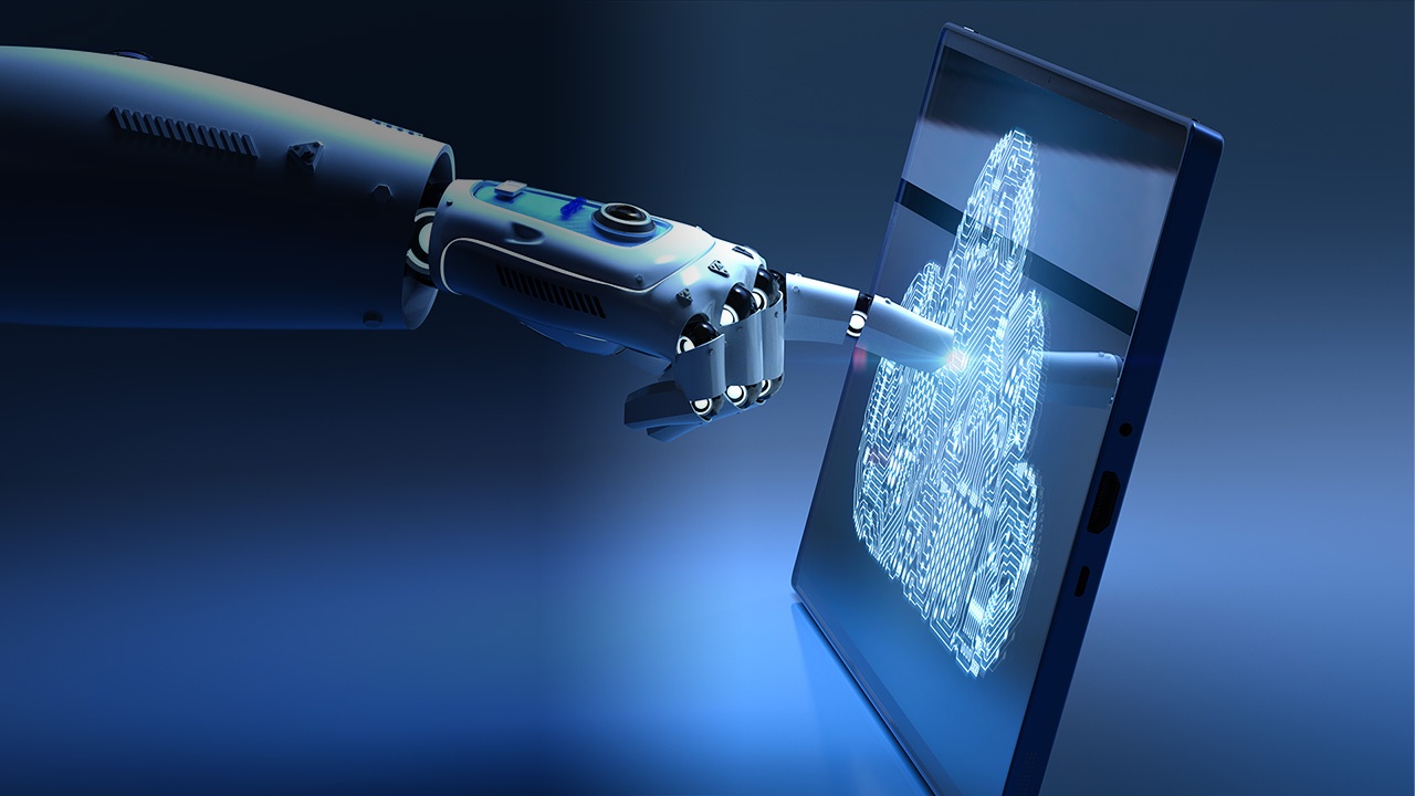 Sinisävyinen kuva, jossa robottikäsi koskettaa pilven kuvaa