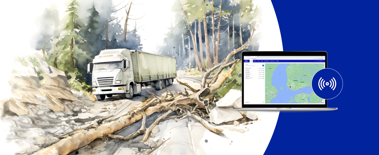 Kuva, jossa rekka on pysähdyksissä metsätiellä kaatuneen puun vuoksi. Kuvassa on tietokoneen ruutu, joka kuvastaa rekan paikannusta reaaliajassa.