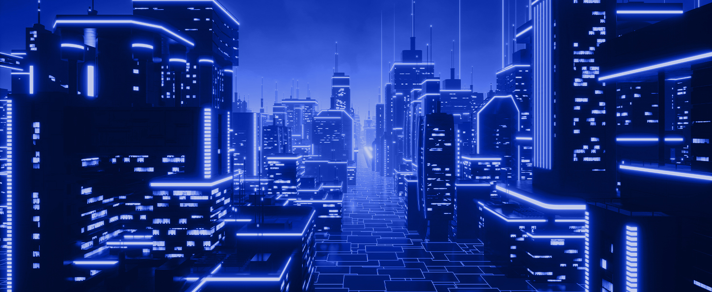 Sinisävyinen kuva suurkaupungin siluetista.