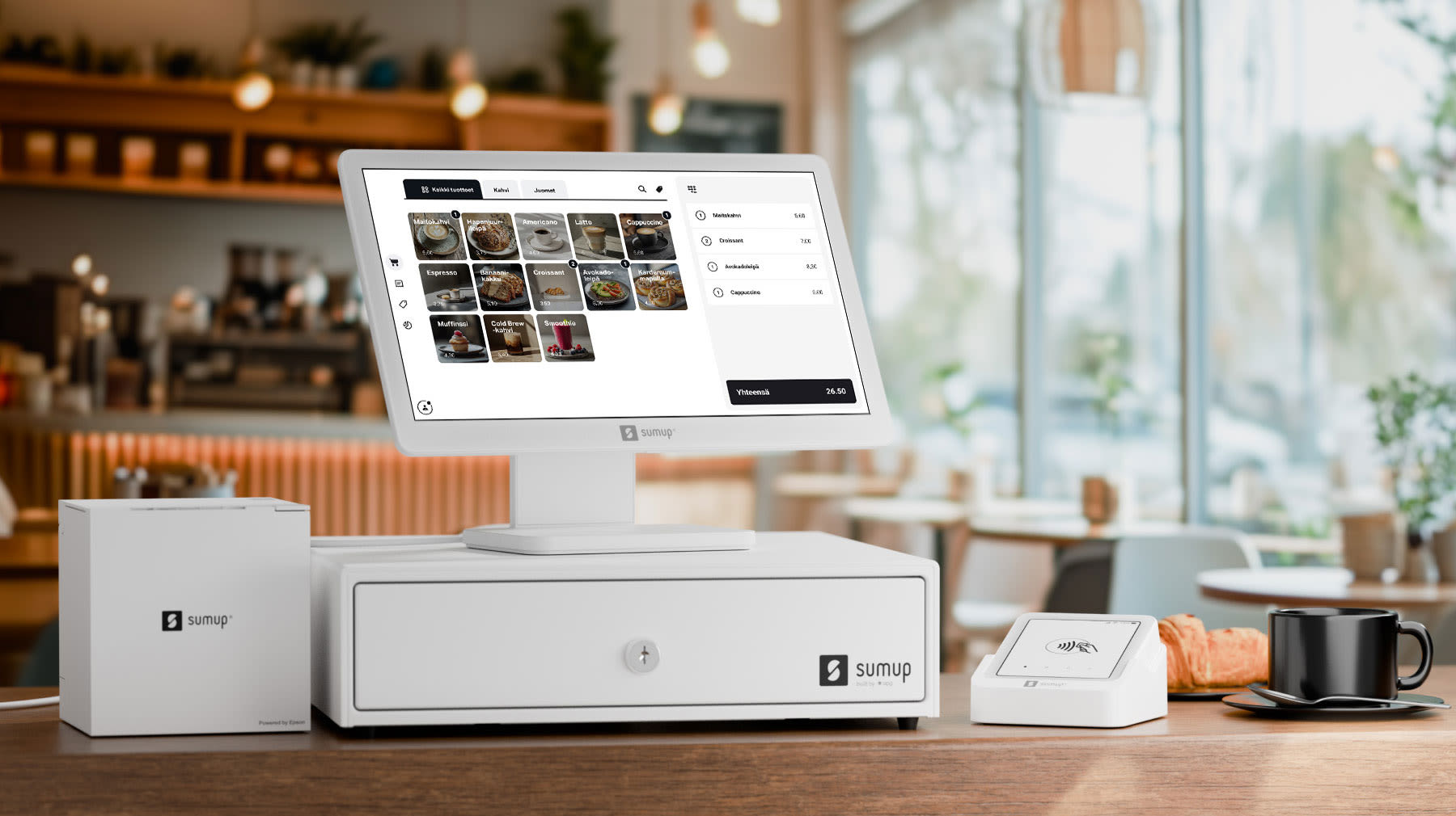 SumUp Total Payment Solution -kassajärjestelmä kahvilatilan pöydällä.